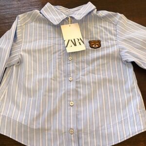 Zara Boy's Striped White/Blue Button Up Shirt Size 5 Preppy Cotton NWT
